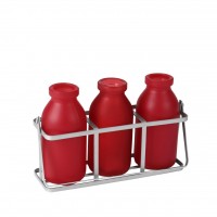 Set de 3 botellas de vidrio con estructura de metal rojo