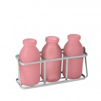 Set de 3 botellas de vidrio con estructura de metal rosado